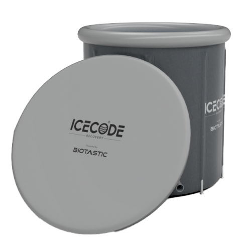 IcePod 3.0 LITE ice bath top view with lid on, IceCode branding, Biotastic India

