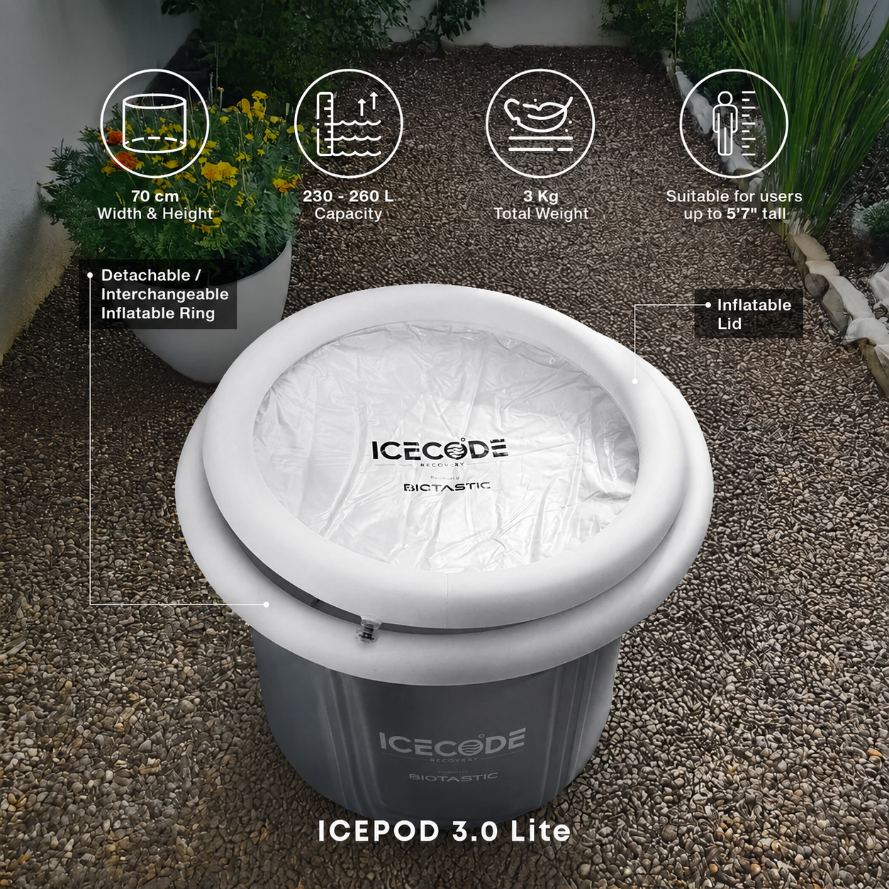 IceCode IcePod 3.0 Lite — Portable Cold Plunge Ice Bath (230-260L · Fits 6ft)