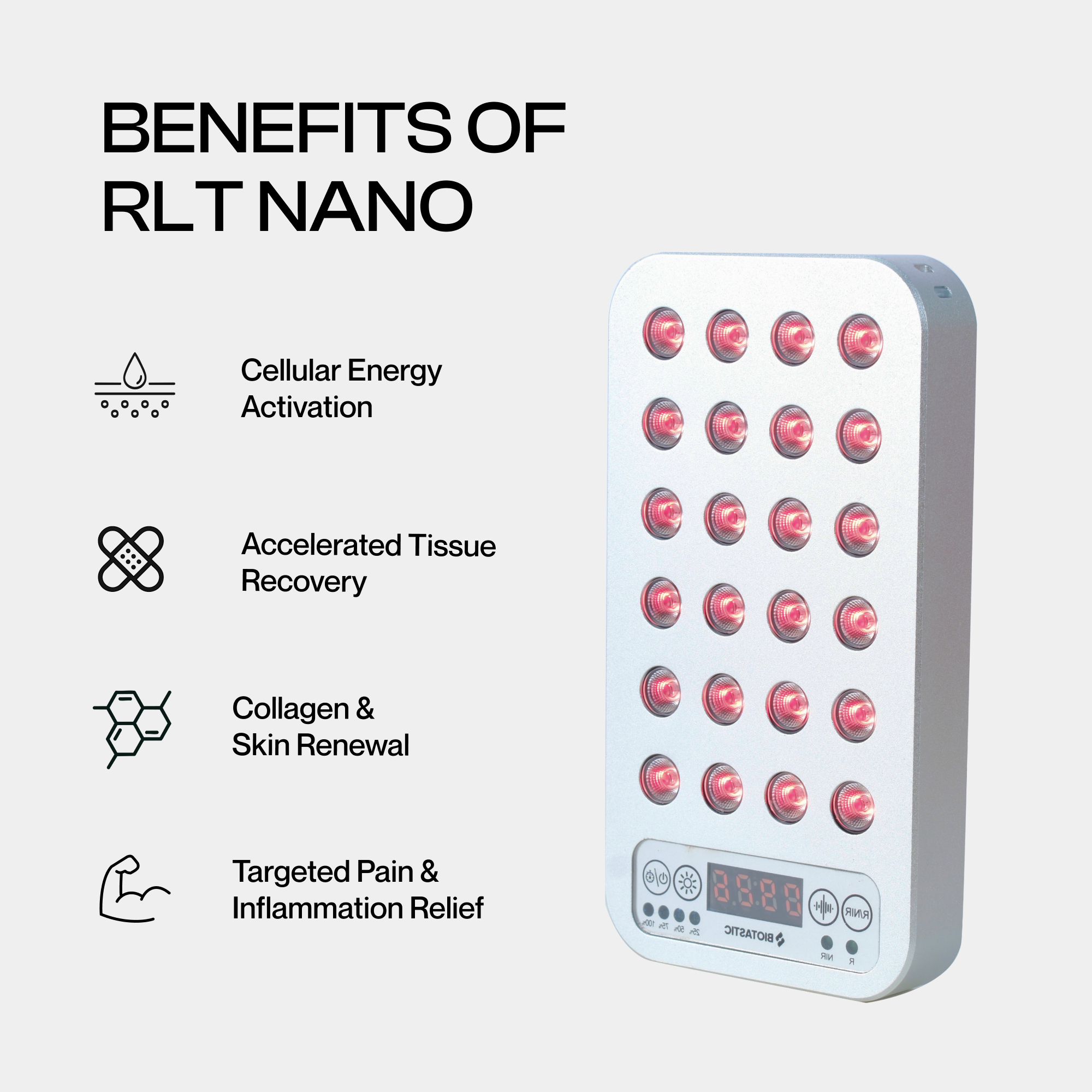 Benefits of HealLite Nano red light therapy device infographic Biotastic India